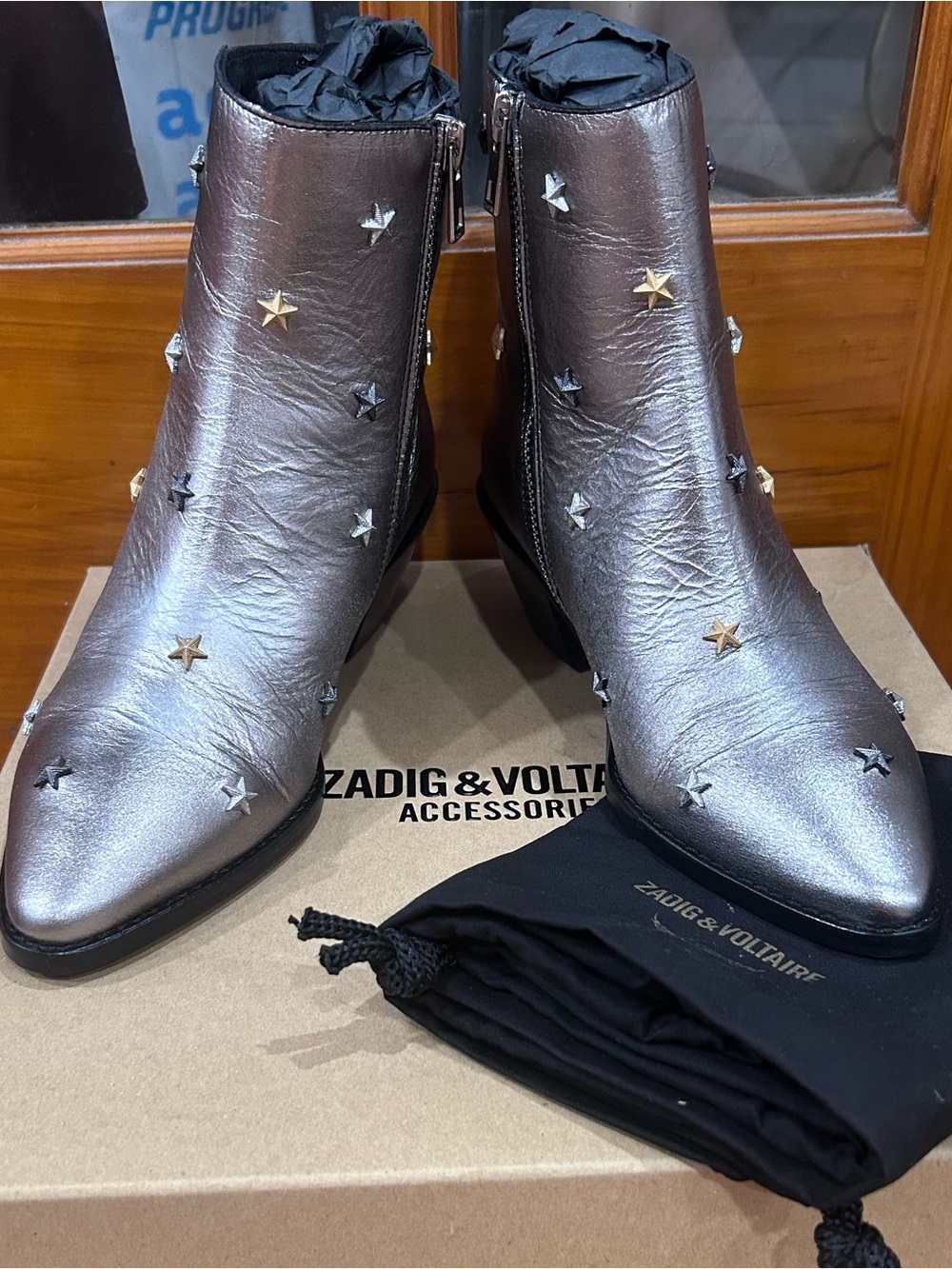 Zadig & Voltaire Metallic Silver Star-Embellished Ankle Boots-Gunmetal